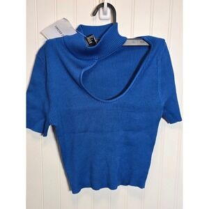 Forever 21 Royal Blue Ribbed Cutout Mock Neck Short Sleeve Top Large NEW